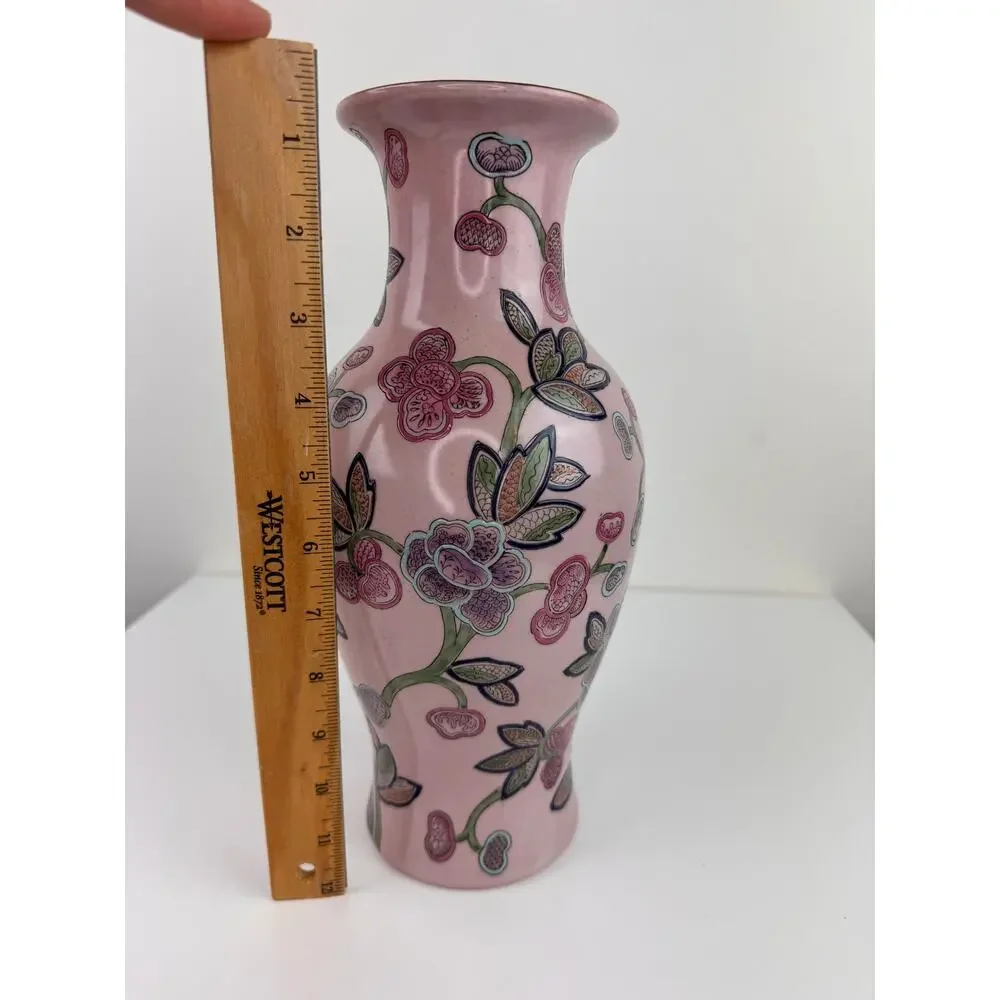 VINTAGE Pink Floral Porcelain Chinese Green Vines Theme Decor Vase Macau 11.5